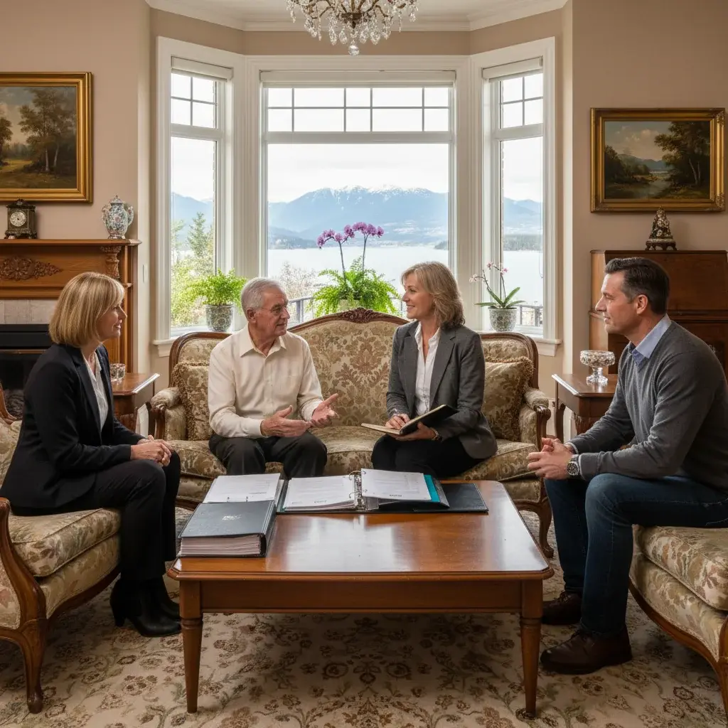 Three-generation family meeting with professional life manager discussing aging parents Victoria BC support in elegant living room