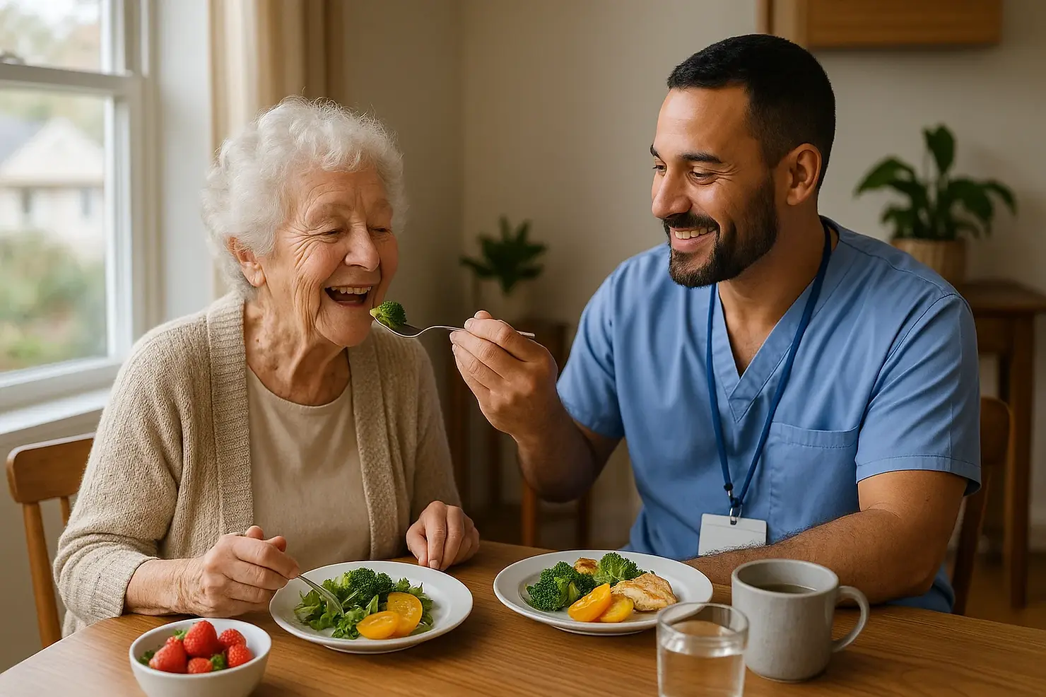 Professional caregiver helping elderly woman with nutritious meal at home in Victoria BC providing dignified feeding assistance and nutrition support
