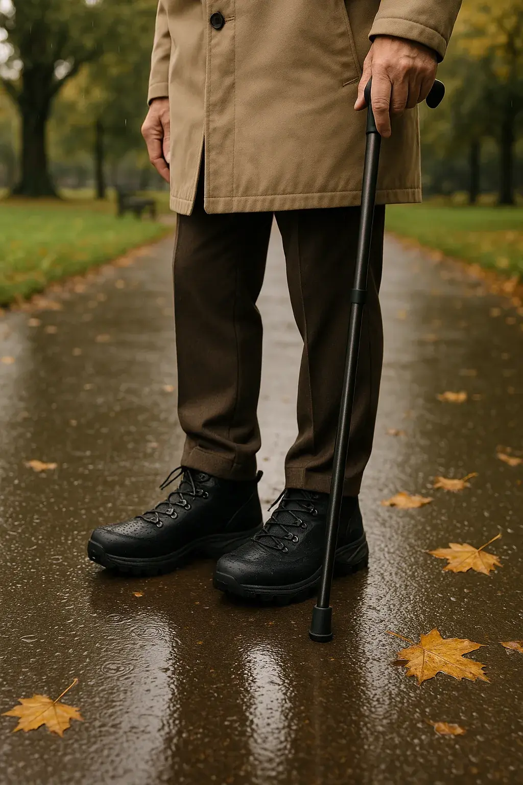 Senior wearing slip-resistant waterproof boots with walking stick on wet pathway for fall prevention and safe mobility during Victoria rainy season