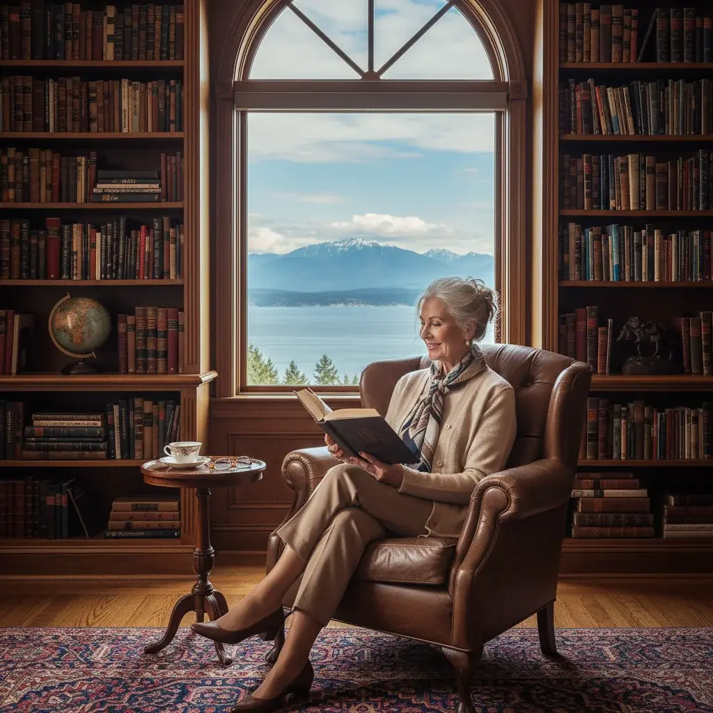 Independent senior woman reading in luxurious home library, representing quality of life with Executive Home Care Victoria BC