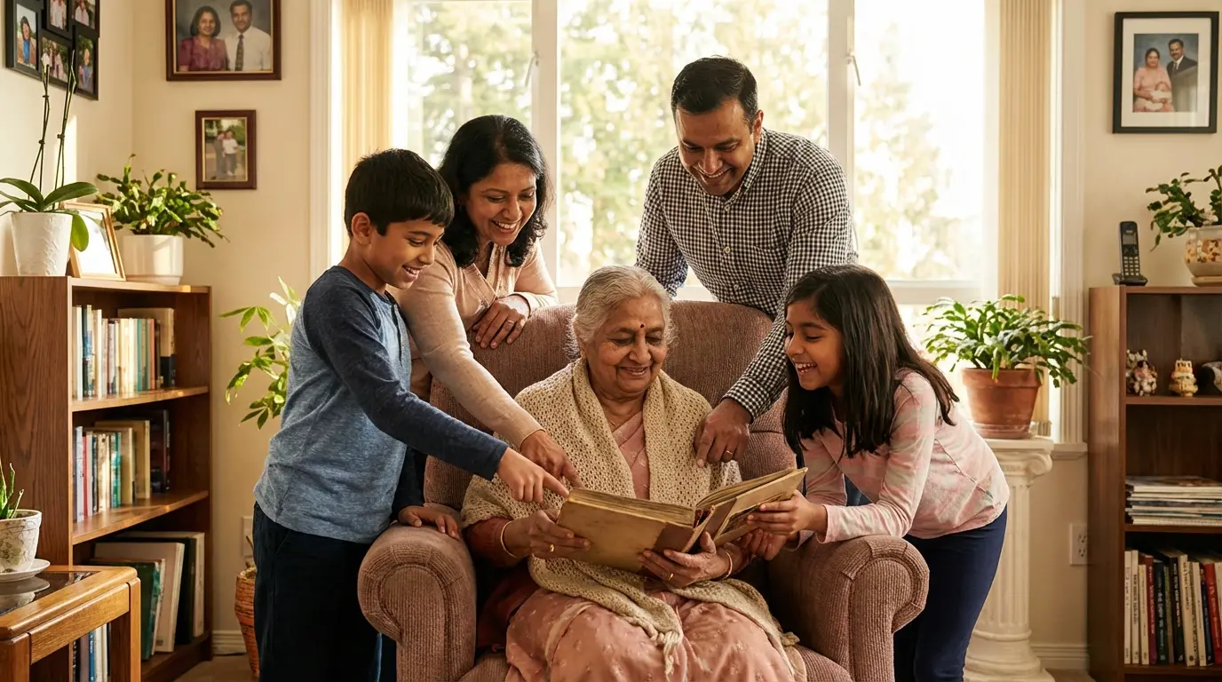 Multigenerational family providing emotional support to elderly stroke survivor at home in Victoria BC - photo album, connection, love