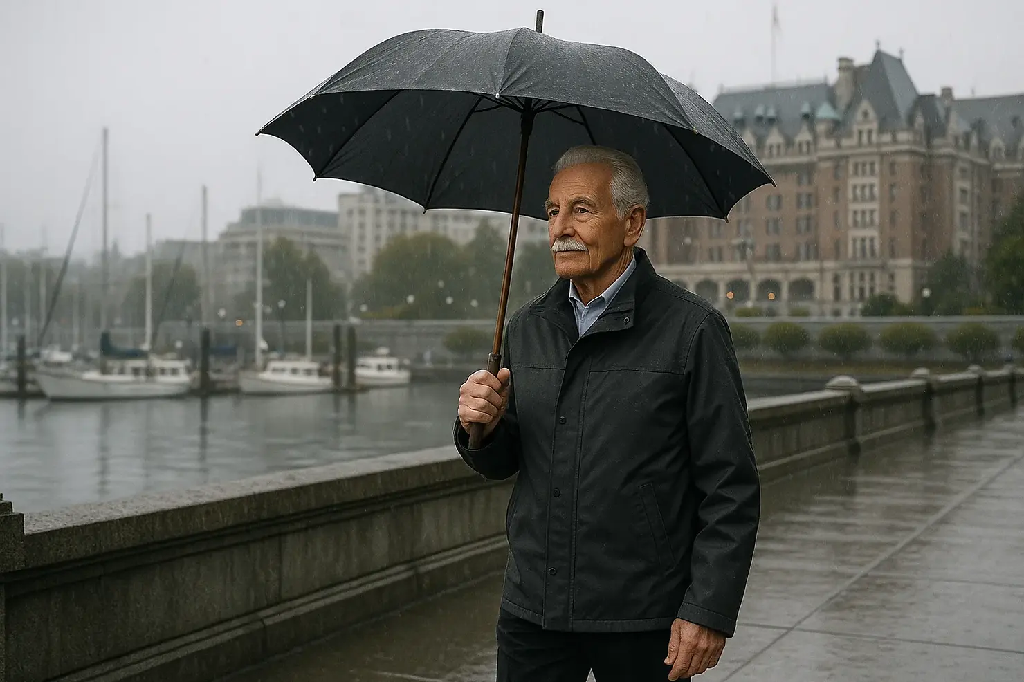 Active senior walking safely along Victoria BC Inner Harbour waterfront in rain wearing waterproof jacket and umbrella for winter wellness
