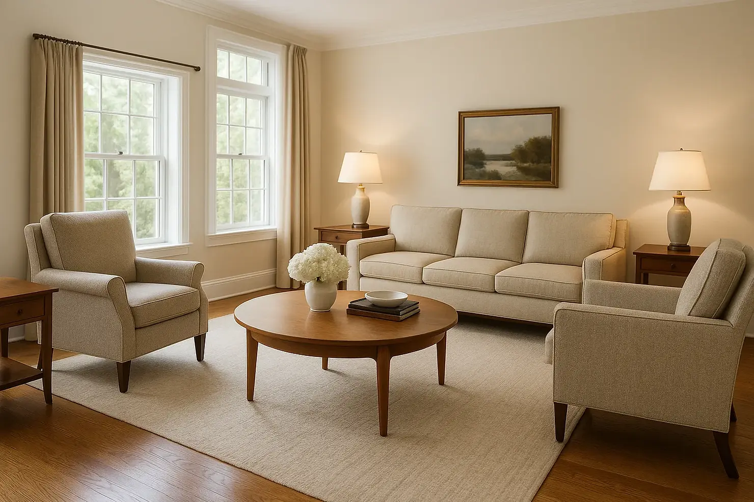 Thoughtfully arranged living room furniture with clear wide pathways, supportive seating with arms, and exposed furniture legs for senior home safety Victoria BC
