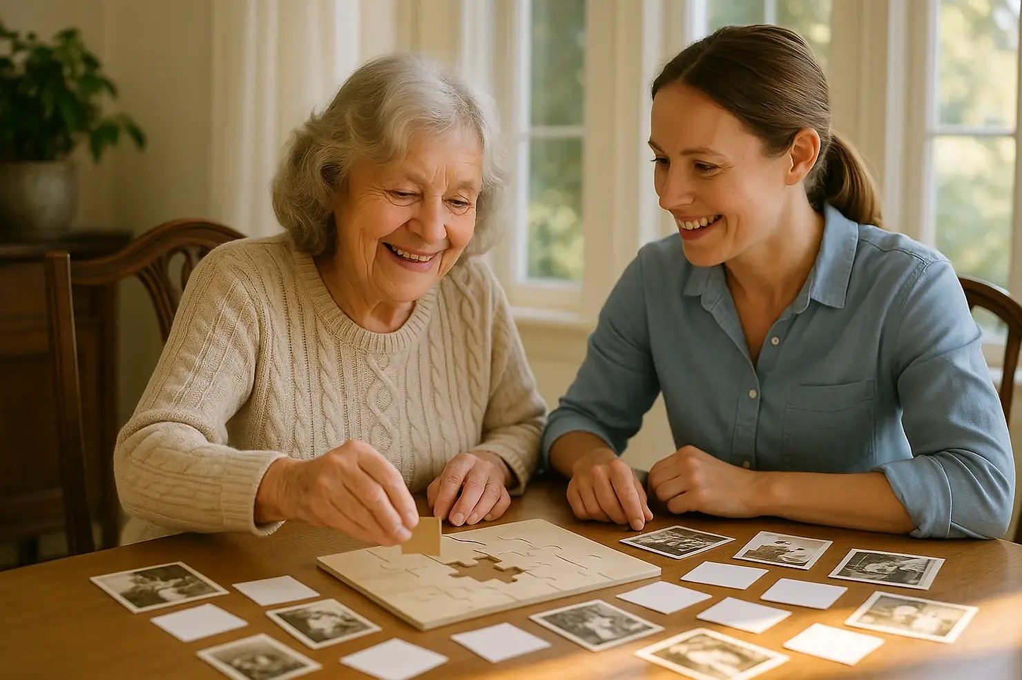 Elderly woman with dementia engaged in memory activities and puzzle with caregiver in Victoria home, showing cognitive engagement and joy through person-centered dementia care.
