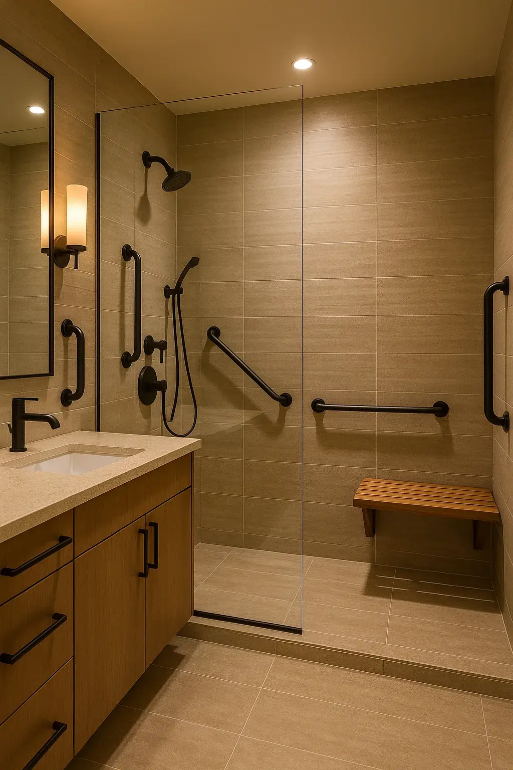 Spa-like accessible bathroom with curbless walk-in shower, designer matte black grab bars, teak bench, and textured tiles for senior safety and aging in place Victoria BC