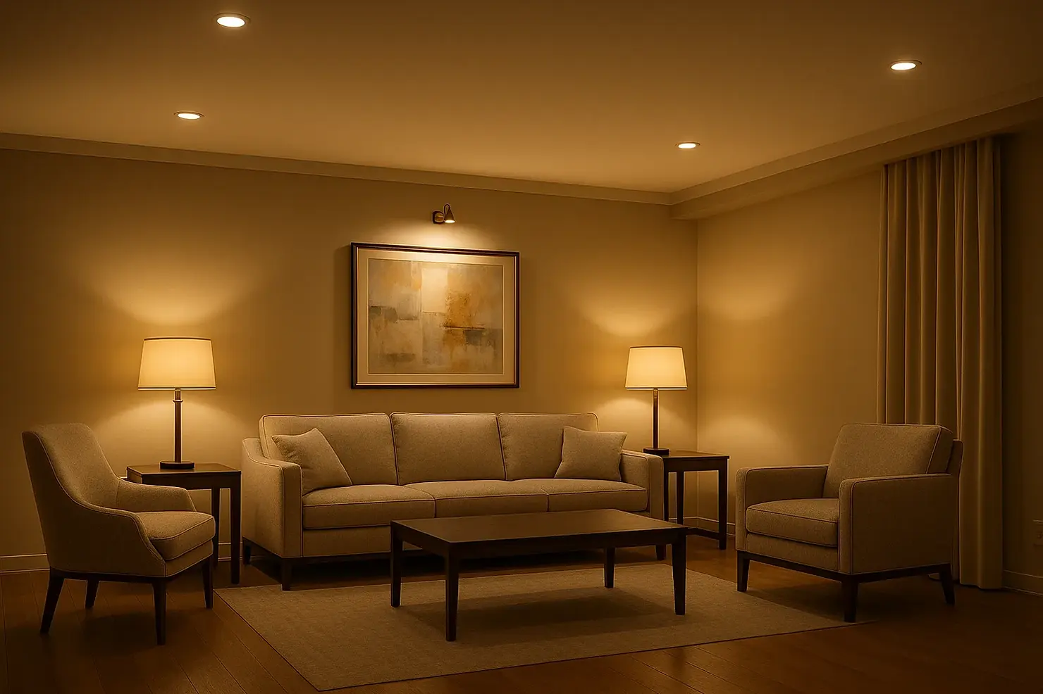 Sophisticated layered lighting design in luxury living room showing ambient ceiling lights, task lamps, and accent lighting for senior home safety and fall prevention