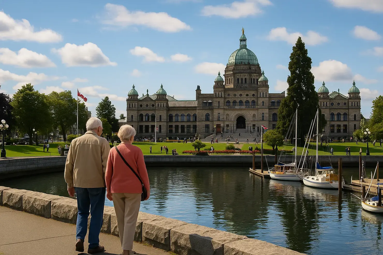 Elderly couple walking along Victoria BC Inner Harbour waterfront with Parliament Buildings enjoying quality of life aging in place with home care support
