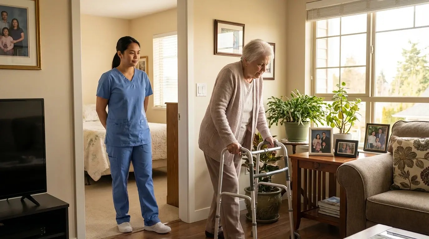 Professional home care aide providing standby mobility assistance to stroke survivor using walker in Victoria BC home - dignity, safety