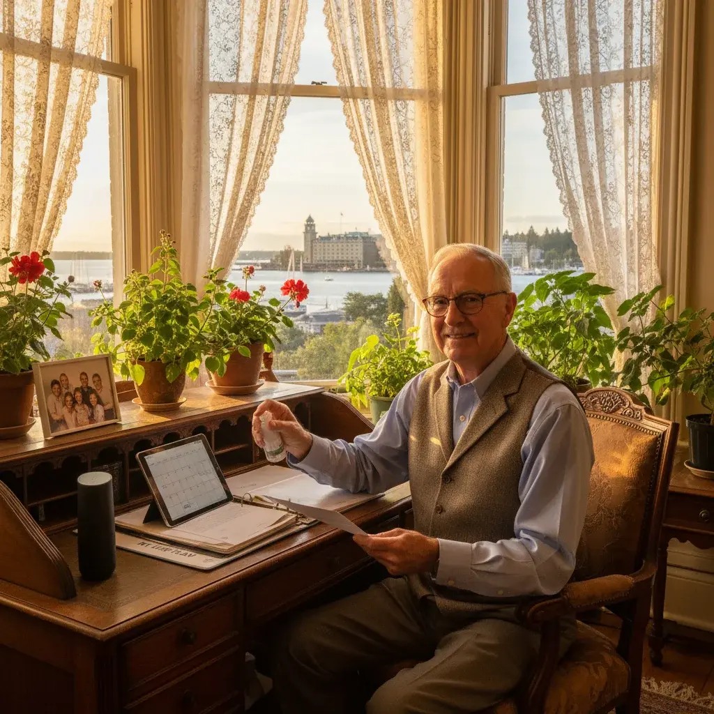 Senior gentleman confidently managing daily activities at home desk with Victoria BC harbour view showing successful senior care decisions