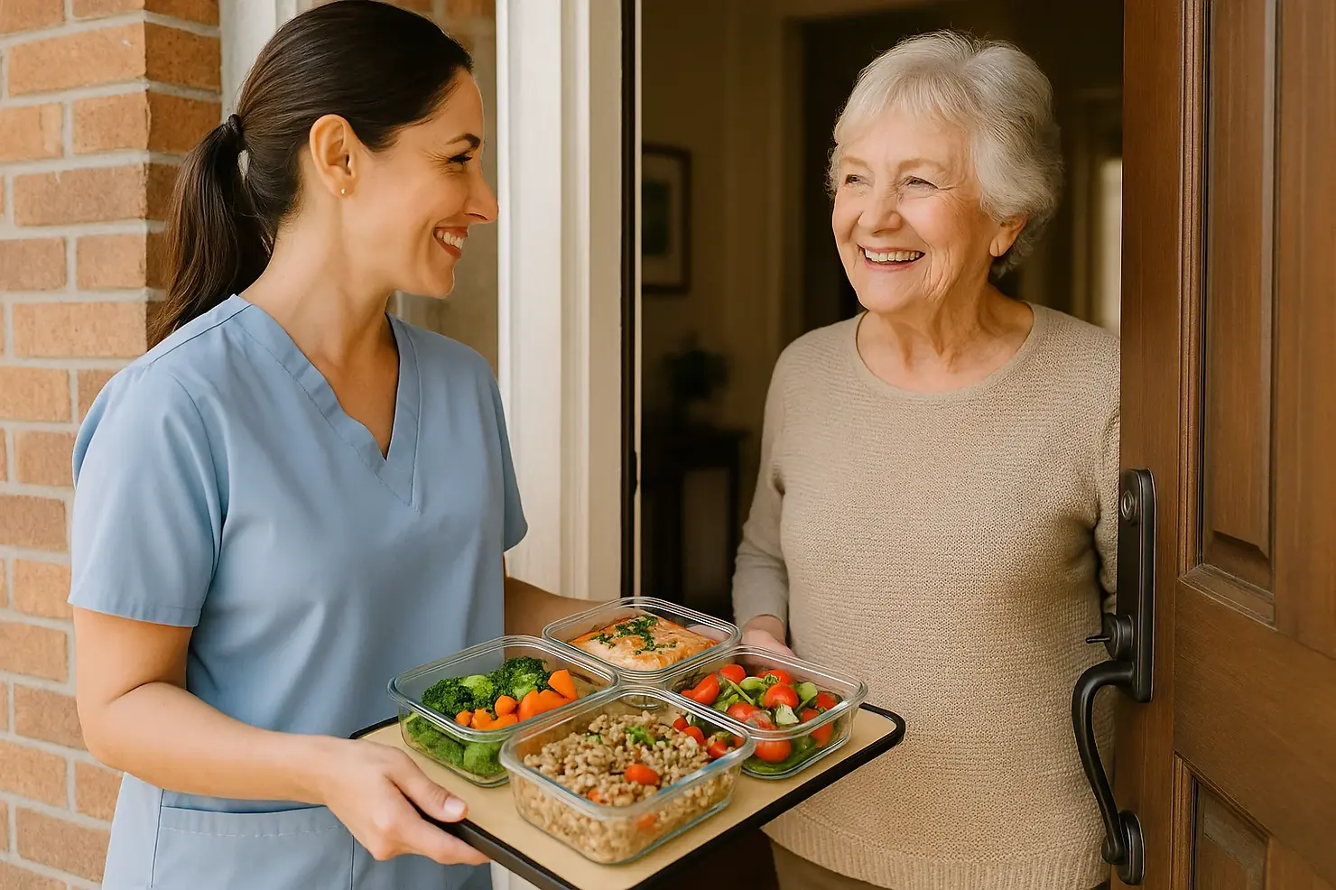Professional caregiver delivering nutritious prepared meals in clear containers to smiling senior woman at Victoria BC home showing meal delivery service support