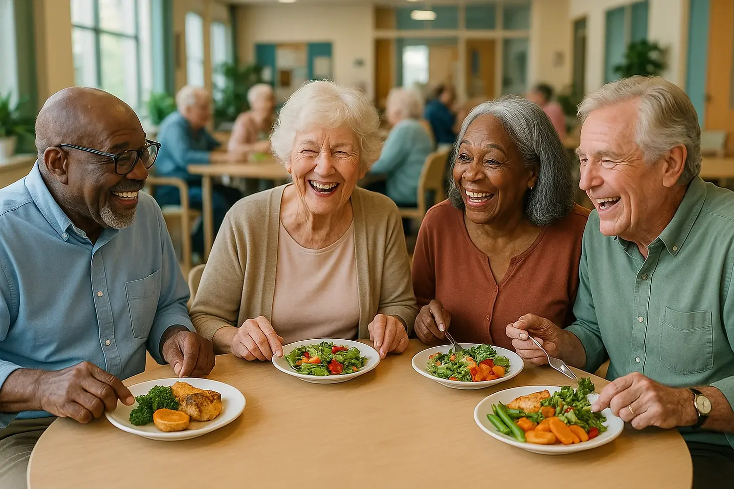 Diverse group of seniors in their 70s and 80s enjoying nutritious meal together at Victoria BC community center dining table with laughter and social connection