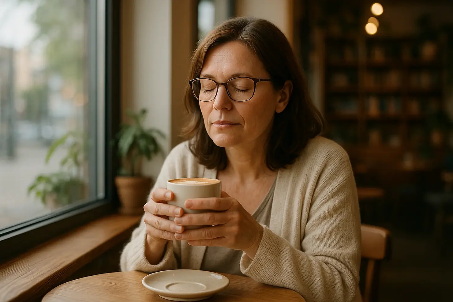 Family caregiver respite care Victoria BC - woman enjoying peaceful coffee break in downtown Victoria cafe, self-care time for caregivers