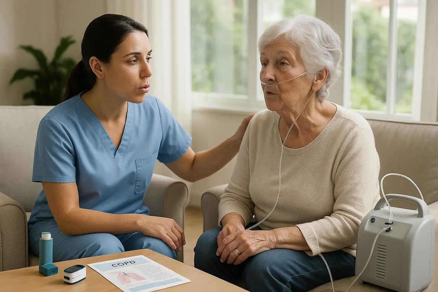 COPD management at home with breathing exercises and oxygen therapy support 