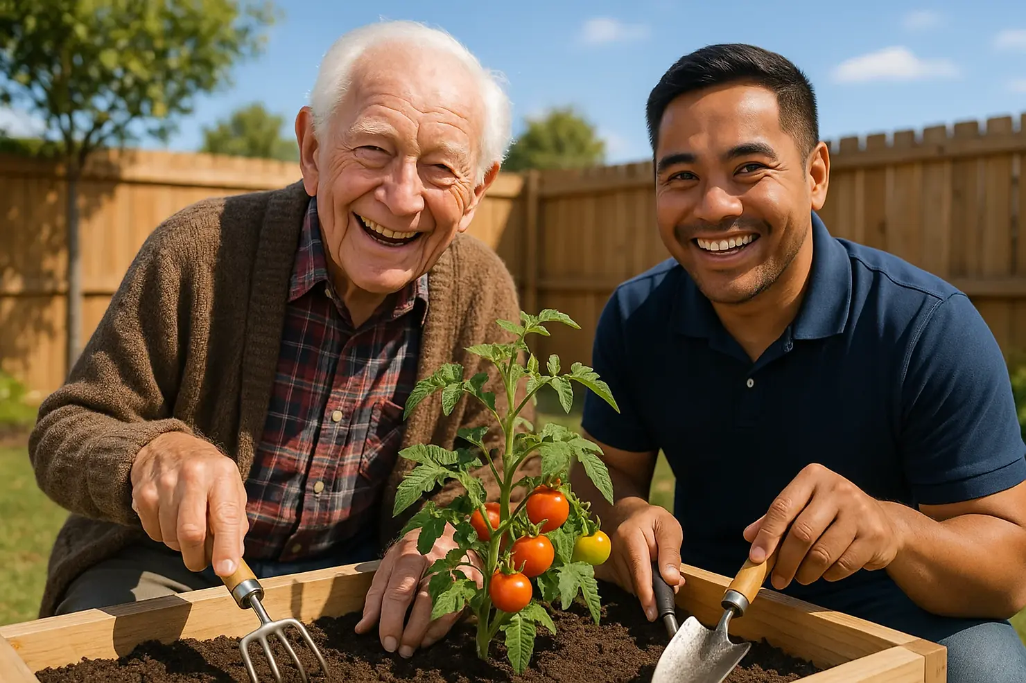 Senior respite care Victoria BC - elderly man gardening with professional caregiver in Oak Bay backyard, active engagement for seniors