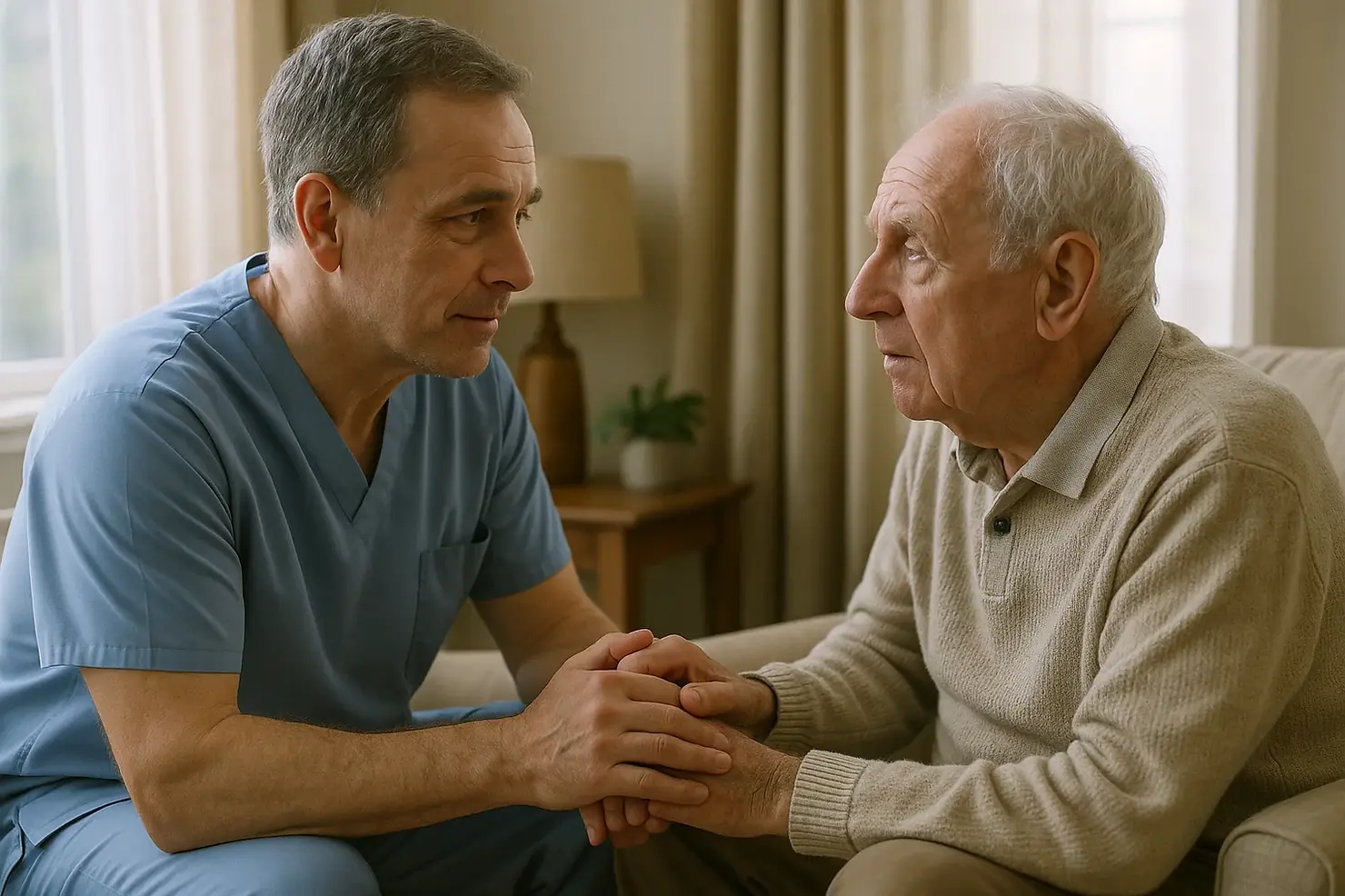 Professional male caregiver using person-centered communication techniques with elderly man with dementia in Victoria BC home, demonstrating patience and empathy.