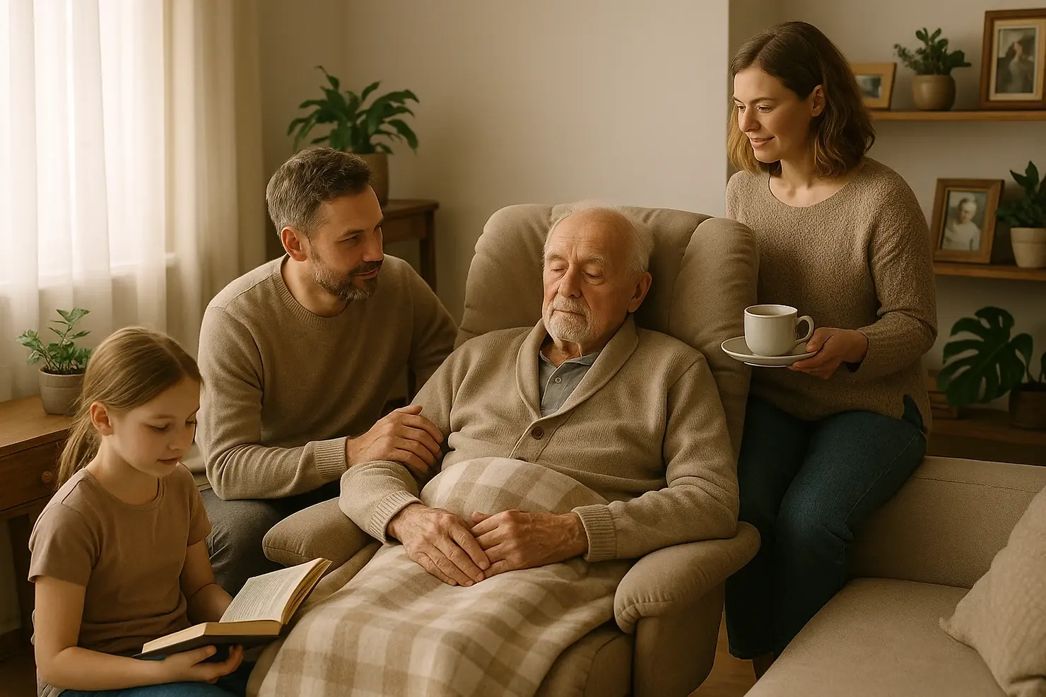 Multigenerational family gathered around elderly loved one receiving palliative care at home Victoria BC showing support and connection