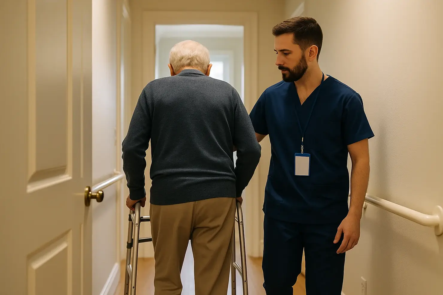 Male caregiver providing mobility support and fall prevention assistance to elderly man with walker in Victoria BC home with grab bars

