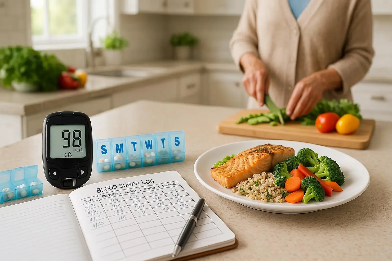 Diabetes management tools for seniors at home - blood sugar monitoring and healthy meals