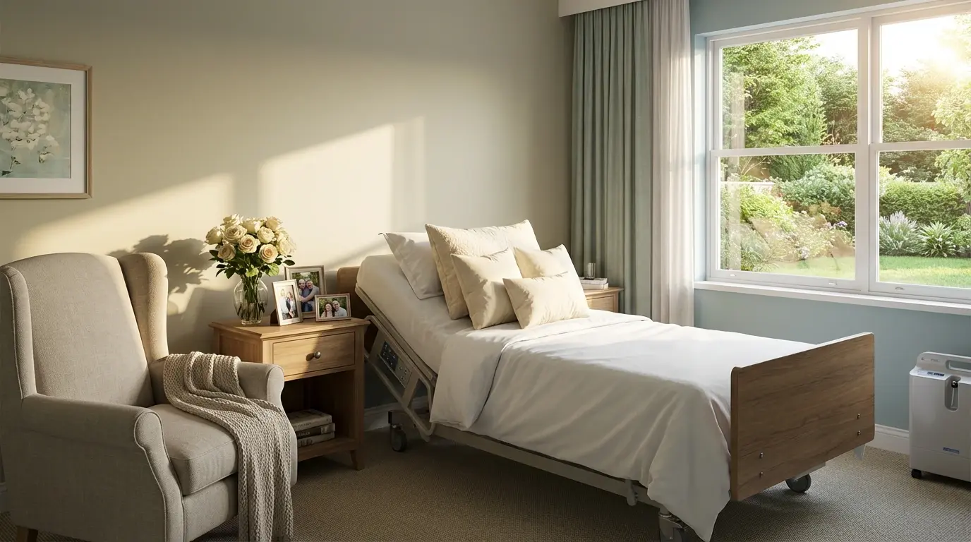 Thoughtfully prepared bedroom for end-of-life care Victoria BC with hospital bed, flowers, family photos creating peaceful comfortable environment