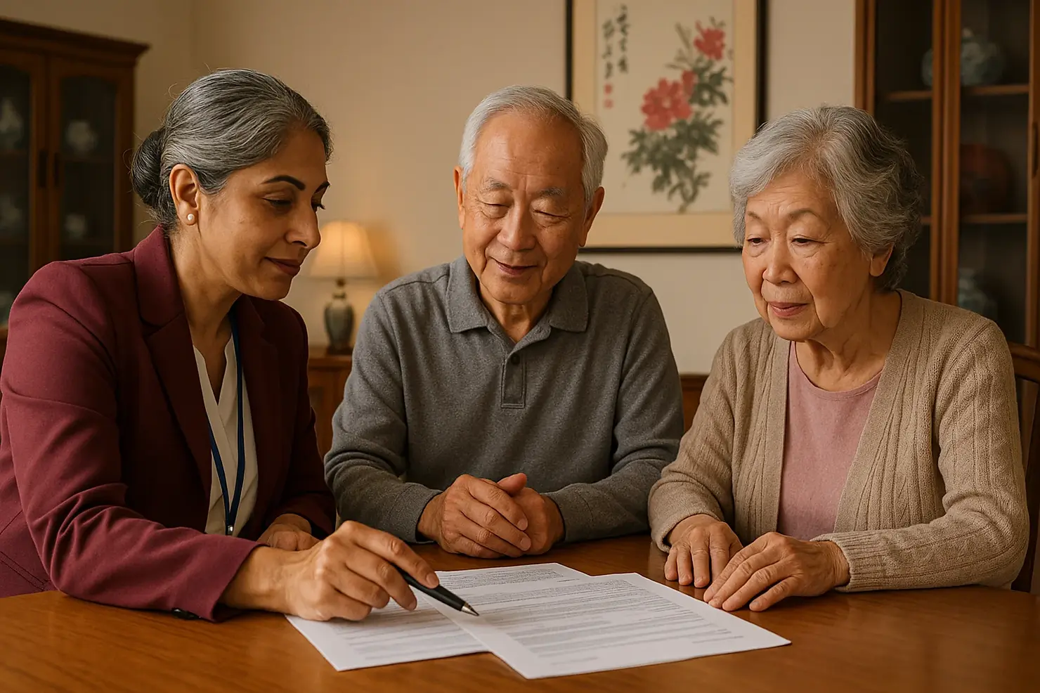 In-home respite care consultation Victoria BC - professional care coordinator meeting with senior couple in Saanich, personalized care planning