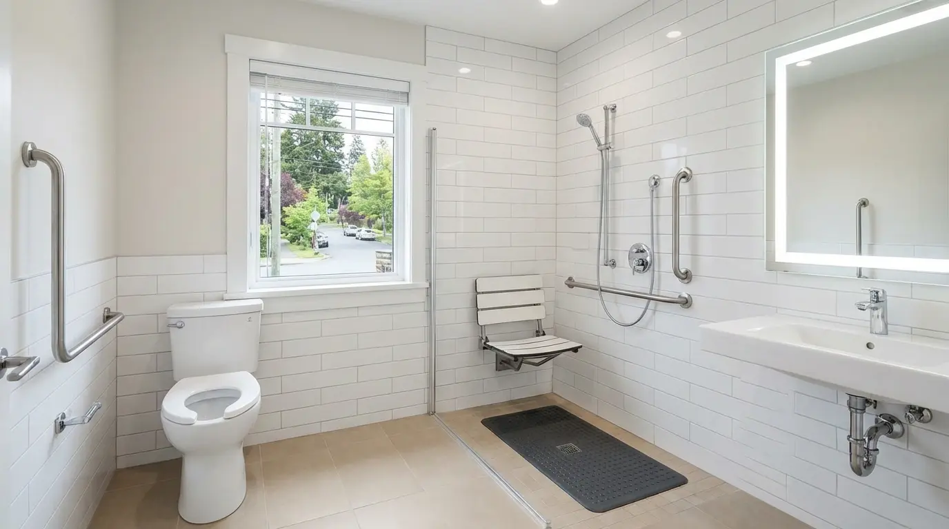 Accessible bathroom for stroke recovery Victoria BC - grab bars, shower chair, raised toilet seat, non-slip mats, safety modifications