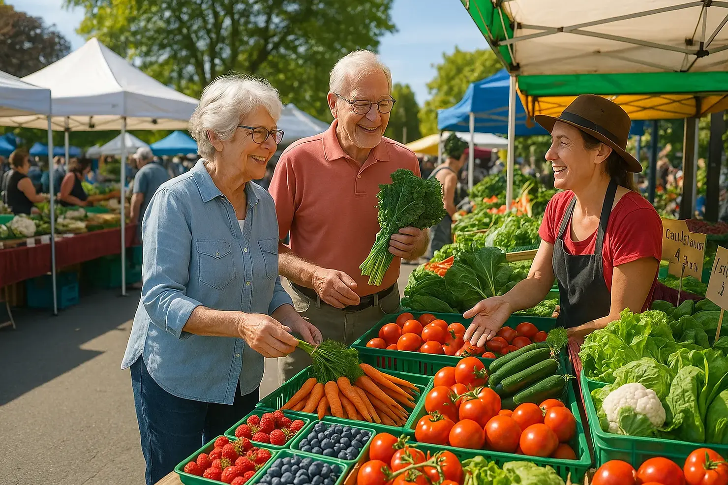 Active senior couple in their 70s shopping for fresh local produce at Victoria BC Moss Street Market with colorful vegetables and fruits displayed at vendor stall