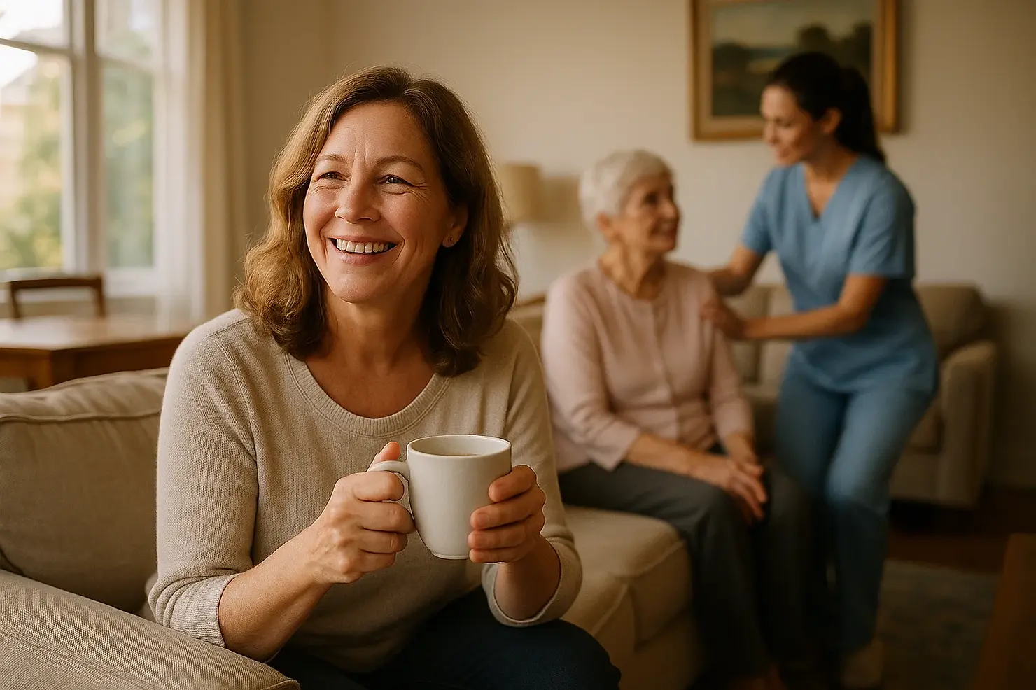 Adult daughter experiencing caregiver relief and peace of mind while professional caregiver provides 24-hour care for her mother in Victoria BC
