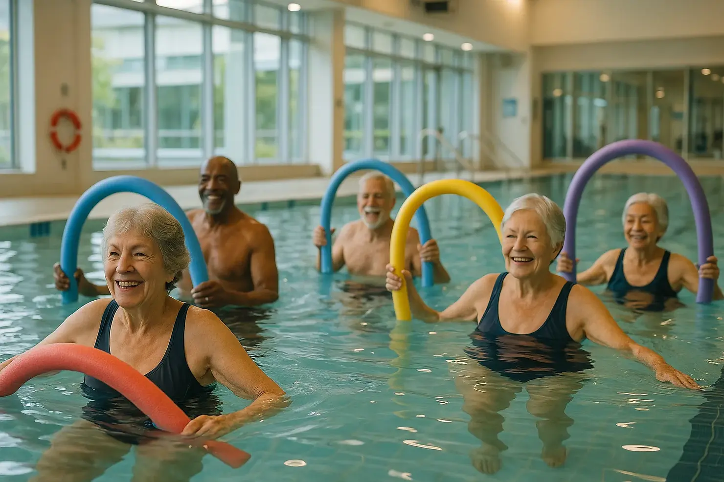 Group of active seniors participating in aquafit water exercise class at Victoria BC recreation center for low-impact fitness and social connection