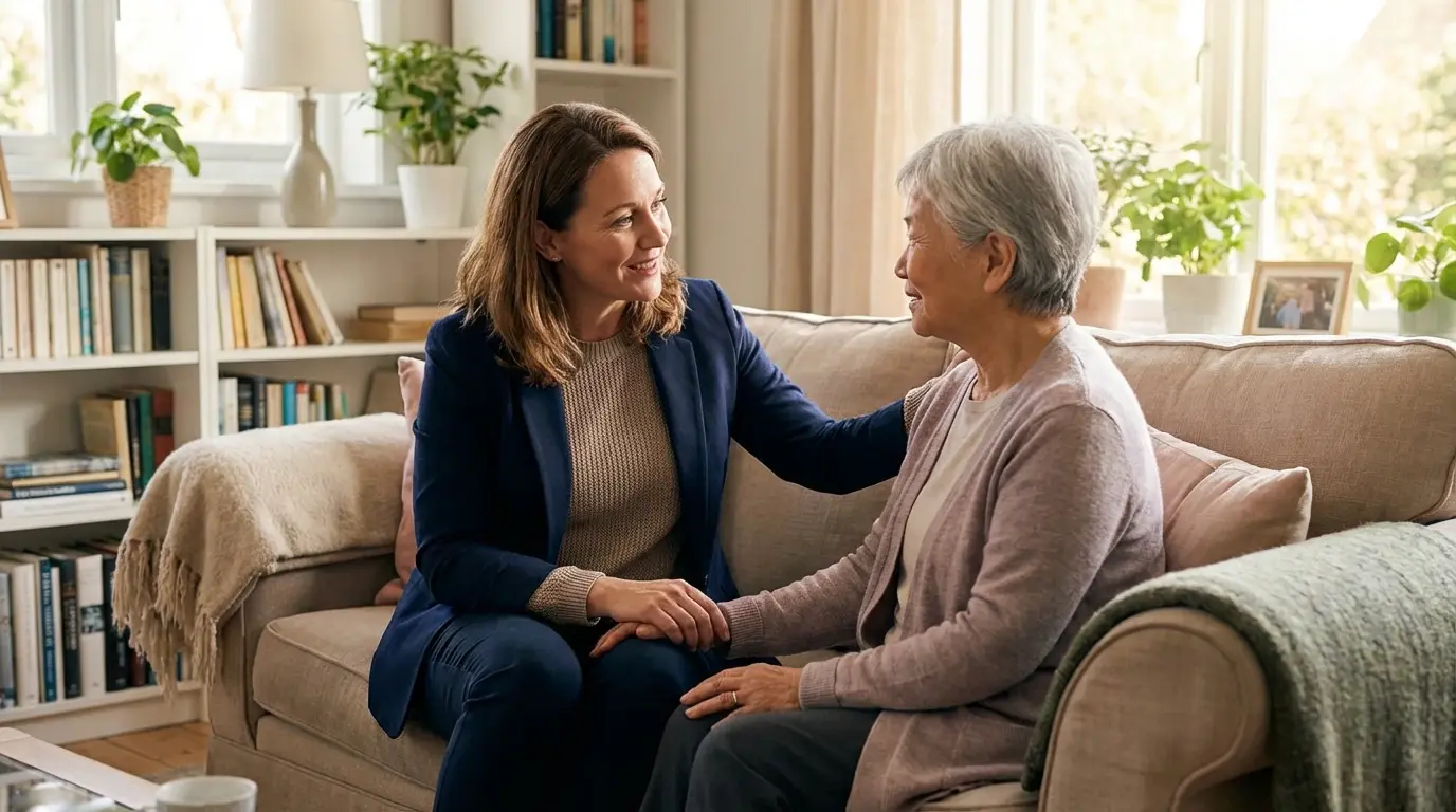 Professional palliative care nurse providing compassionate support to elderly patient at home Victoria BC with gentle hand-holding care