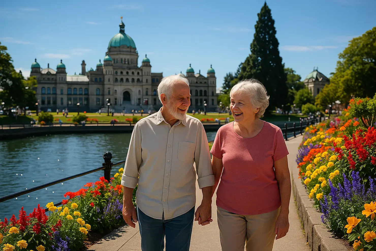 Happy senior couple walking hand-in-hand along Victoria BC Inner Harbour waterfront with Parliament Buildings, showing quality of life and community support for seniors with dementia.