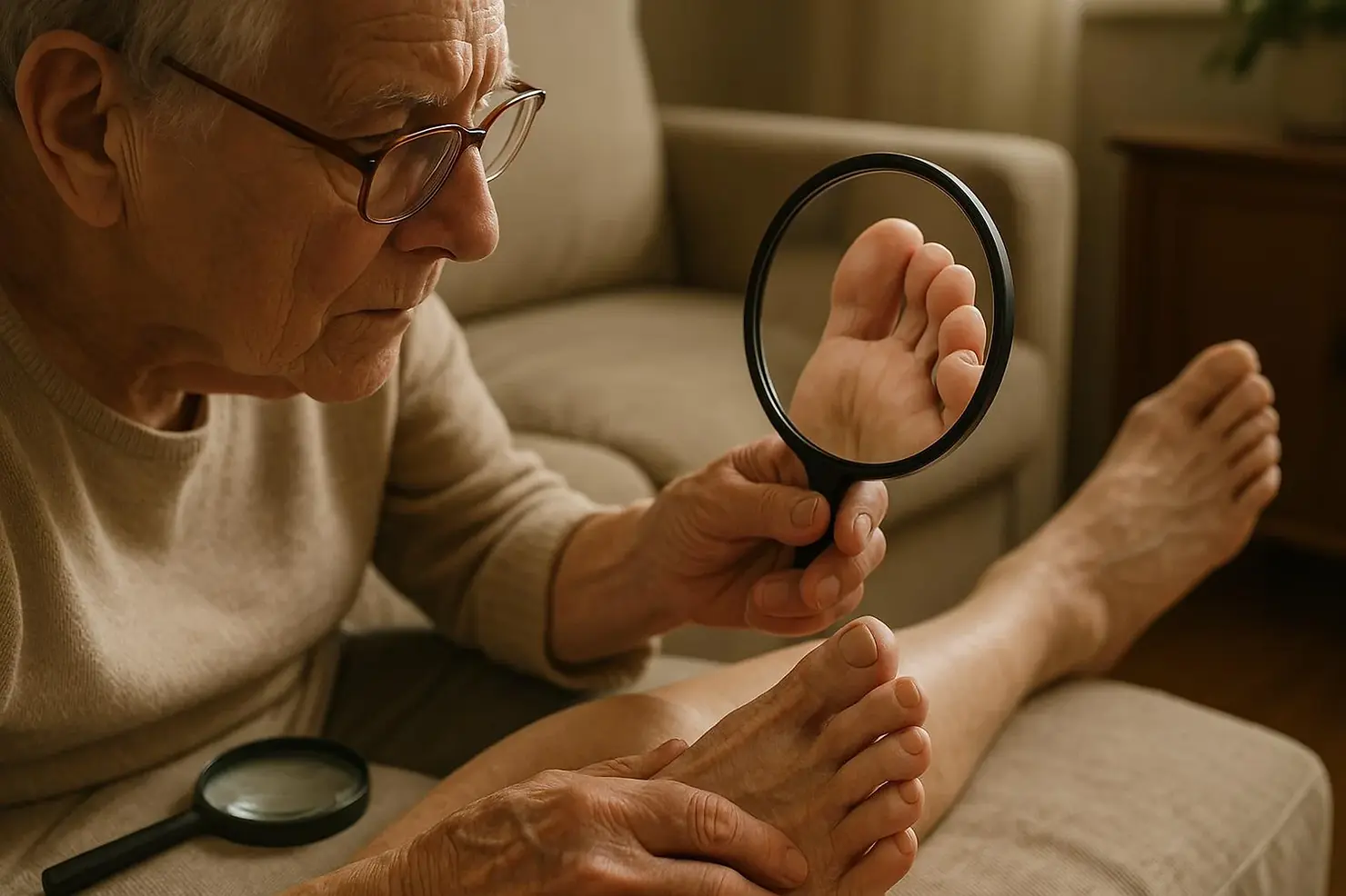 Senior performing daily foot inspection with magnifying glass for self-care