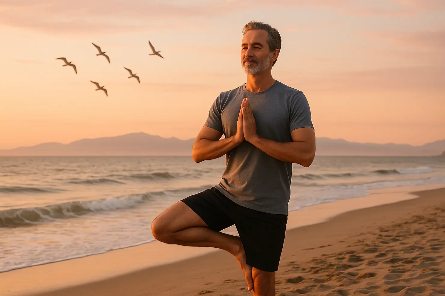 Respite care benefits Victoria BC - male caregiver practicing yoga on Dallas Road waterfront, preventing burnout through regular breaks