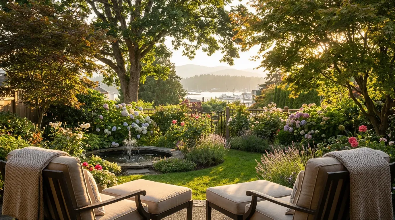 Peaceful Victoria BC garden with blooming flowers and comfortable seating representing tranquil home environment for palliative care