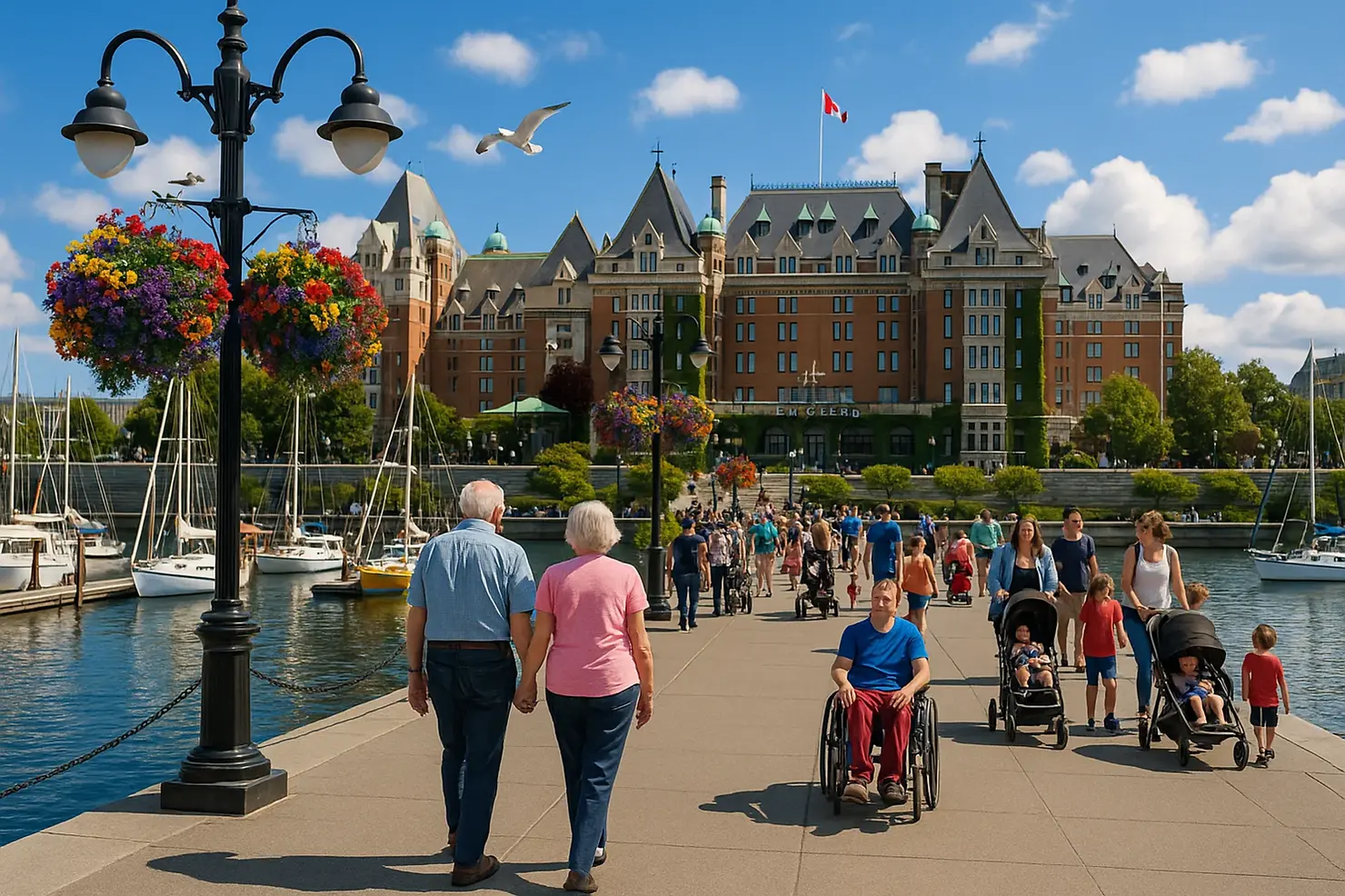 Victoria BC Inner Harbour respite care community - seniors and families at Empress Hotel waterfront, accessible senior-friendly public spaces