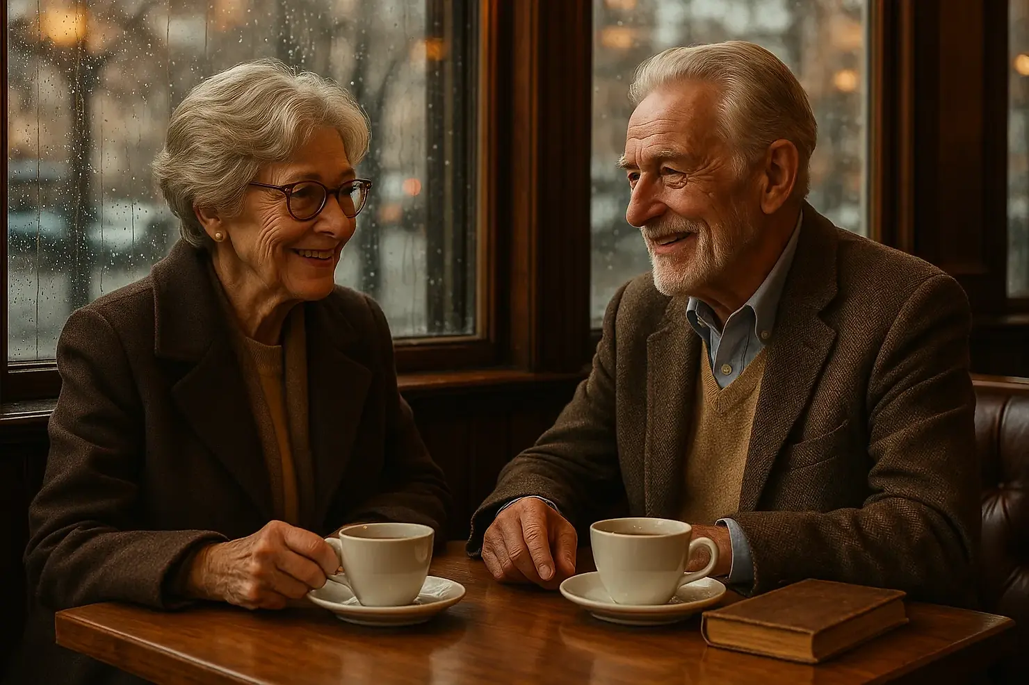 Two seniors maintaining social connections and mental wellness over coffee at cozy Victoria BC café during rainy winter weather
