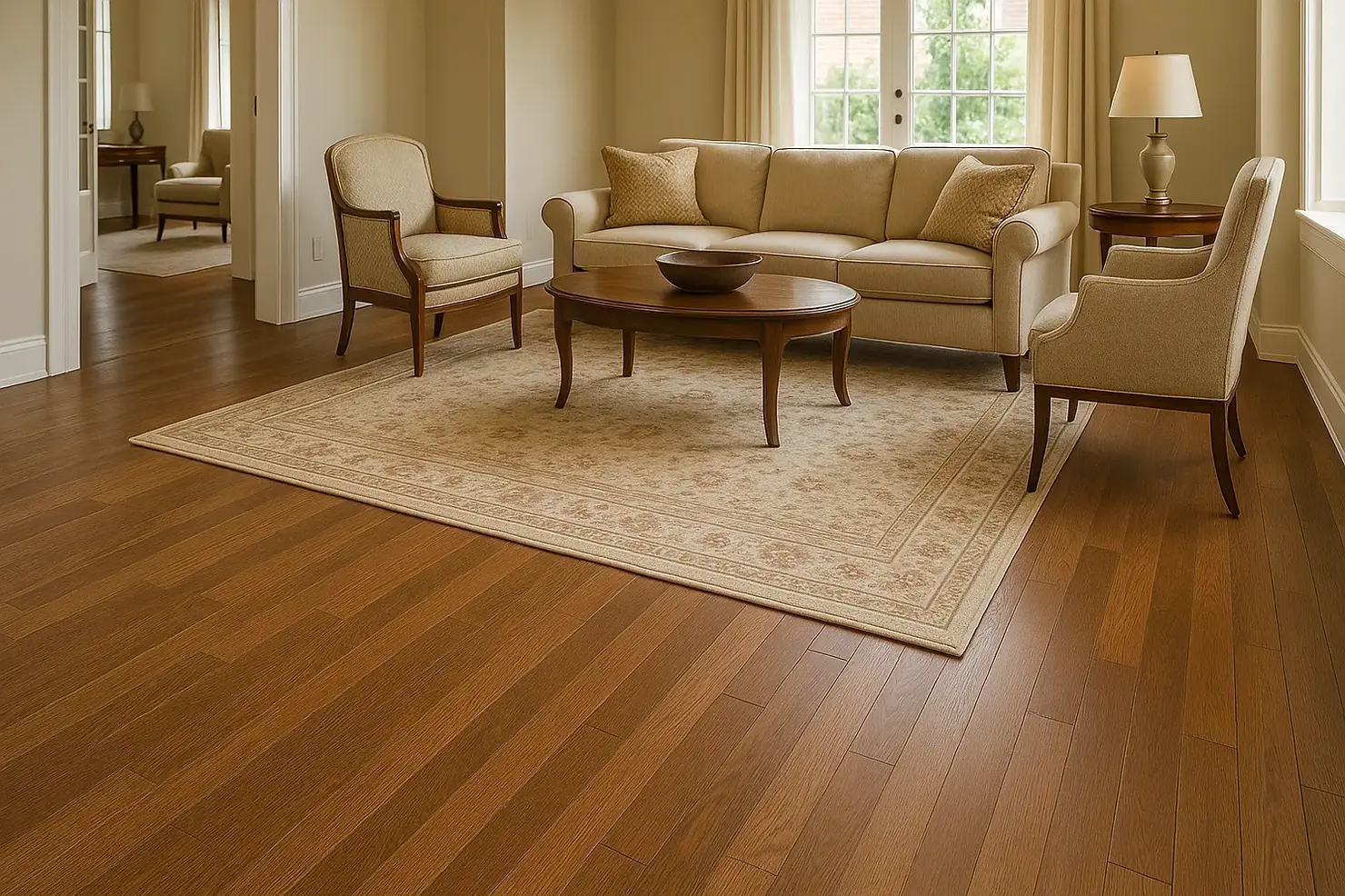 Beautiful hardwood flooring with matte finish and properly secured area rug showing safe flooring choices for seniors aging in place with elegant interior design