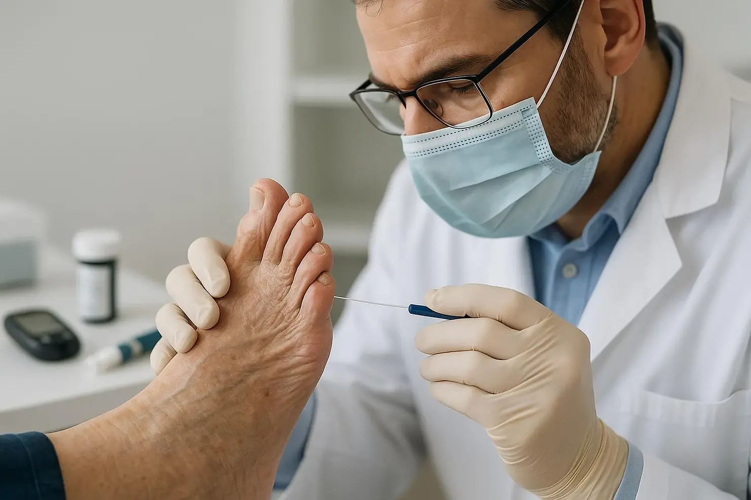 Professional podiatrist performing diabetic foot care examination with specialized tools