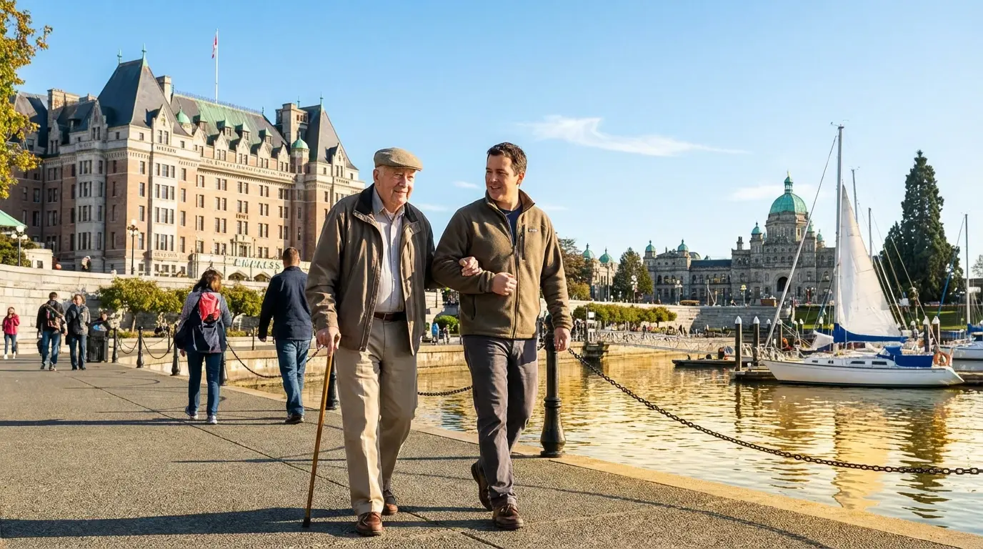 Stroke survivor walking Victoria BC Inner Harbour waterfront with family support - Empress Hotel, Parliament Buildings, hope and recovery