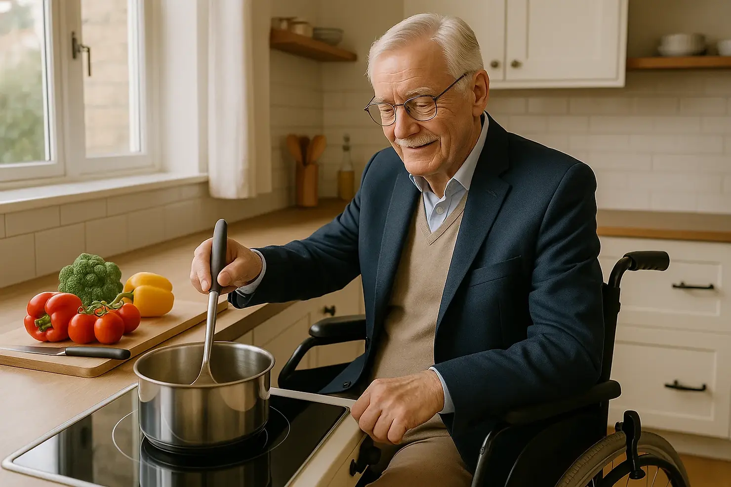 Elegant senior man in his 70s confidently cooking in well-lit accessible Victoria BC kitchen with adaptive tools showing independence and capability in meal preparation