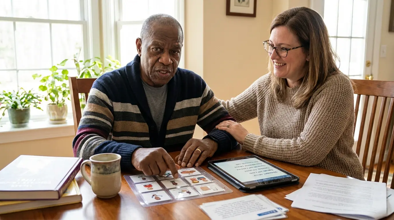 Speech therapy for stroke recovery at home Victoria BC - patient working with speech-language pathologist using communication cards and tablet