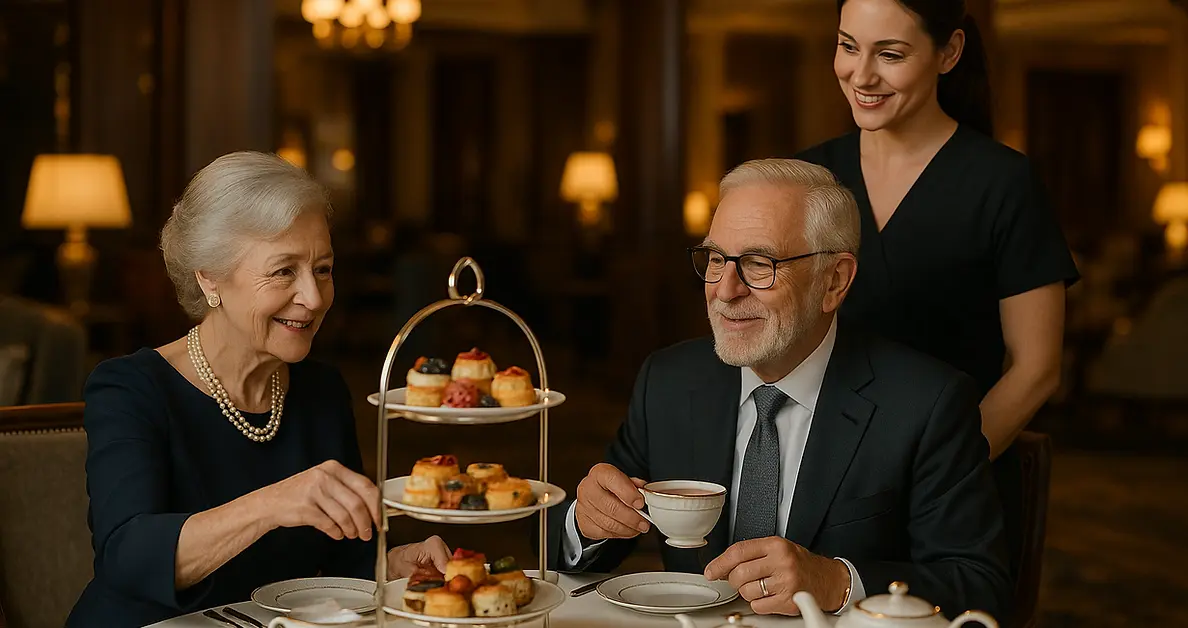 Seniors enjoying elegant afternoon tea at Fairmont Empress Victoria with caring companion - bright hospitality experience