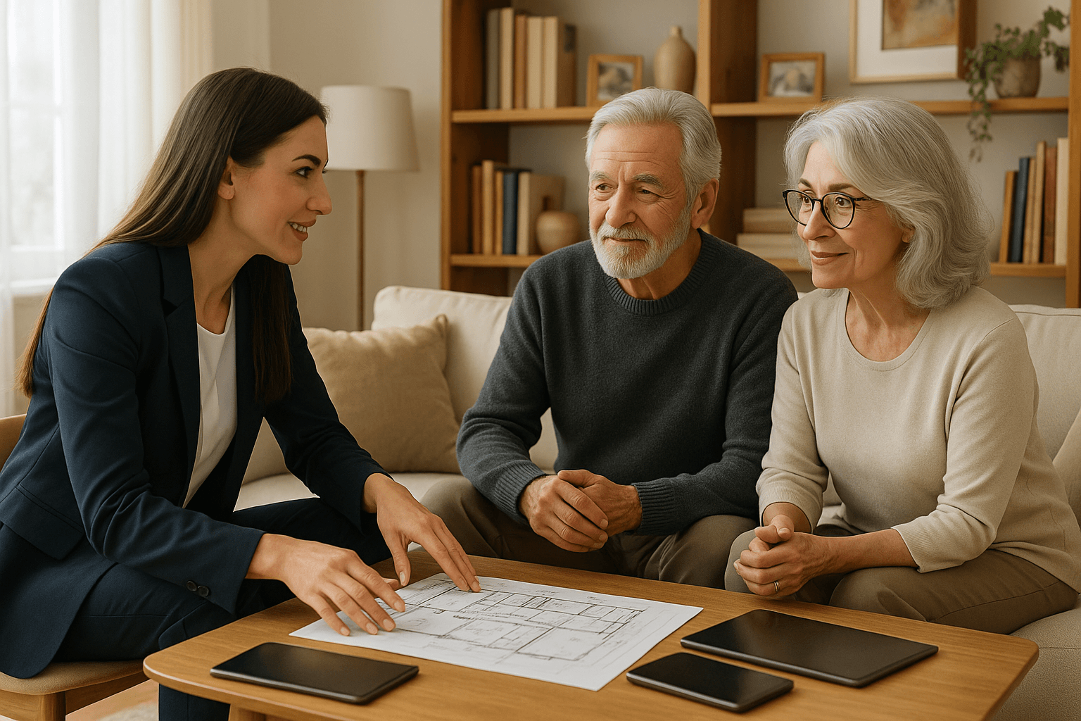 Professional aging in place consultant reviewing home modification plans with elderly couple in Victoria BC living room