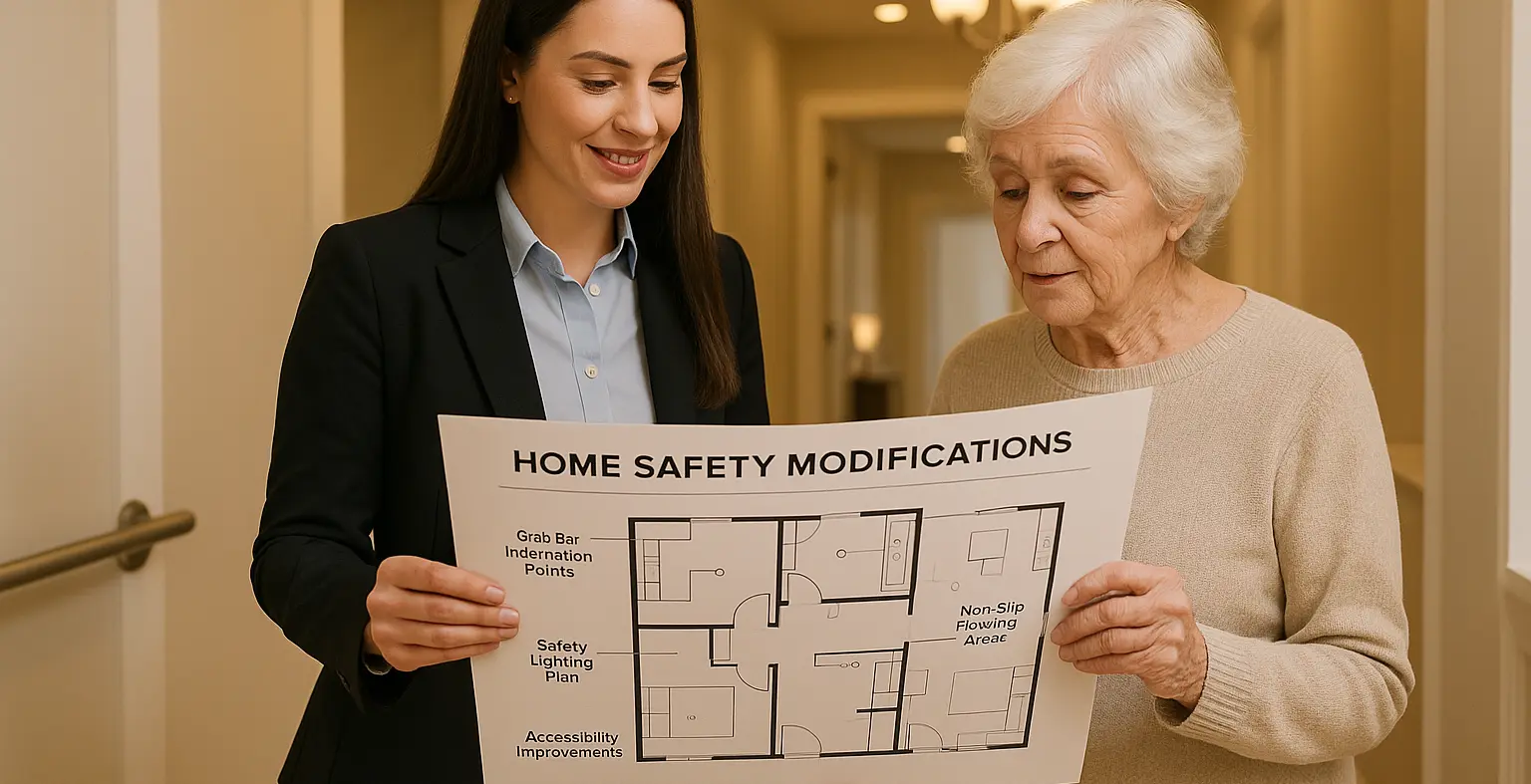 Home safety modifications planning Victoria BC - coordinator reviewing accessibility improvements and grab bar installation with senior client