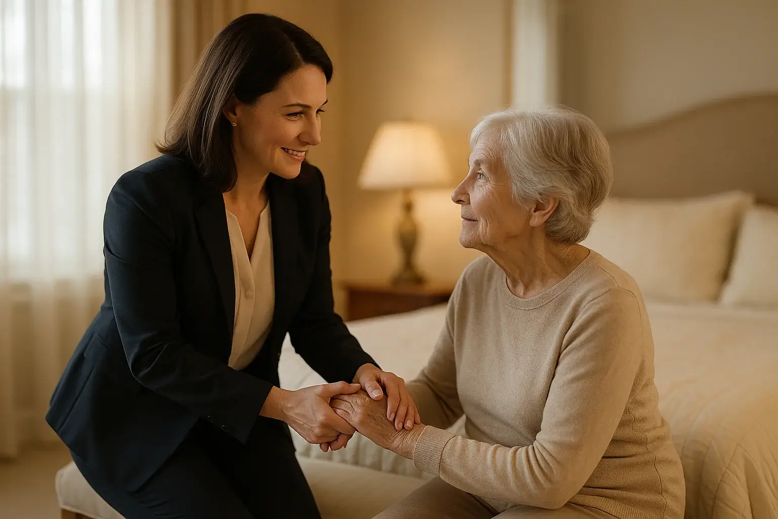 Professional caregiver providing compassionate in-home Alzheimer's care to senior woman in Victoria BC