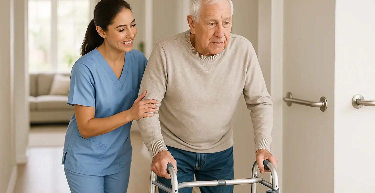 Alzheimer's & Dementia Care Victoria BC 4 Caregiver providing Alzheimer's mobility support and safety assistance to senior with walker in safe Victoria BC home