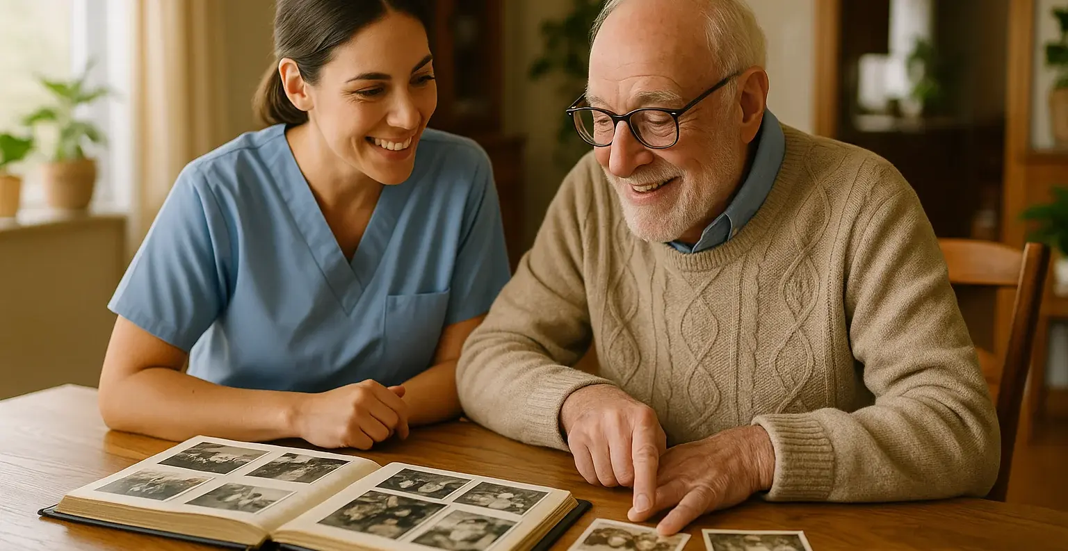 Alzheimer's & Dementia Care Victoria BC 1 Professional Alzheimer's & Dementia Care caregiver engaging senior in memory care activities with photo albums in Victoria BC home