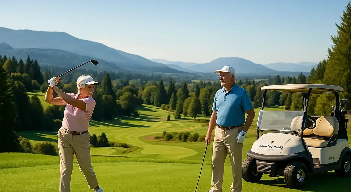 Active seniors enjoying golf at Arbutus Ridge Golf Club with stunning Cobble Hill countryside and mountain views
