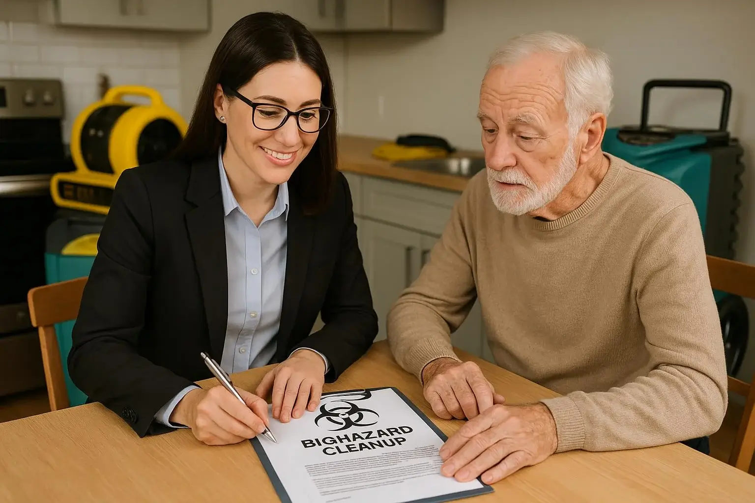 Professional care coordinator consulting with senior about environmental restoration services while restoration equipment operates in Victoria BC home