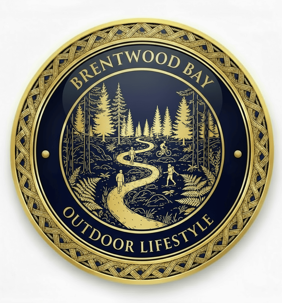 Brentwood Bay BC Active Outdoor Lifestyle medallion icon featuring forest walking paths, hiking trails, outdoor recreation, and nature activities for seniors with detailed line art