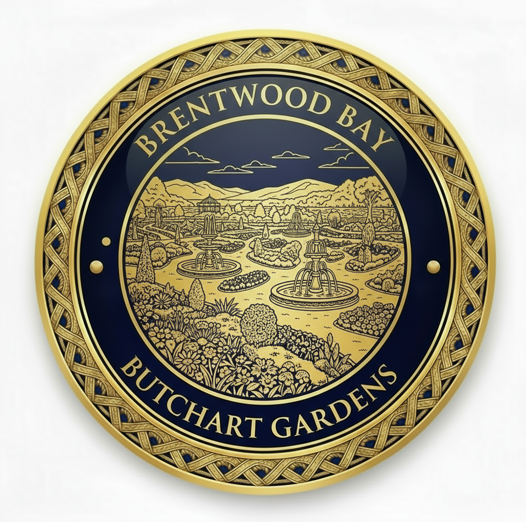 Brentwood Bay BC Butchart Gardens Access medallion icon featuring beautiful garden landscapes, ornate flower beds, fountains, and botanical displays for seniors with vintage nautical design